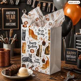 Sacola Para Presentes Média Gatos de Aniversário com Ferramentas de Fio de Cob