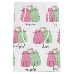Sacola Para Presentes Média Gatos de Casamento Rosa e Verde
