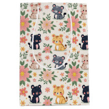 Gatos de desenho animado fofo da selva e flores