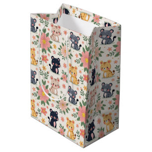 Sacola Para Presentes Média Gatos de desenho animado fofo da selva e flores