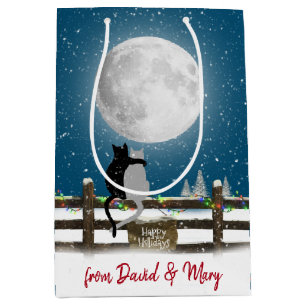 Sacola Para Presentes Média Gatos de Natal na cerca com lua