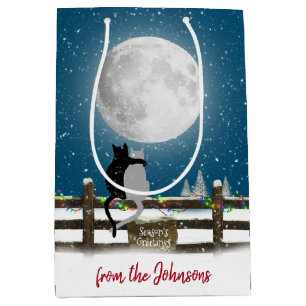 Sacola Para Presentes Média Gatos de Natal na cerca com lua