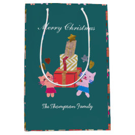 Sacola Para Presentes Média Gatos festivos com presente Natal verde