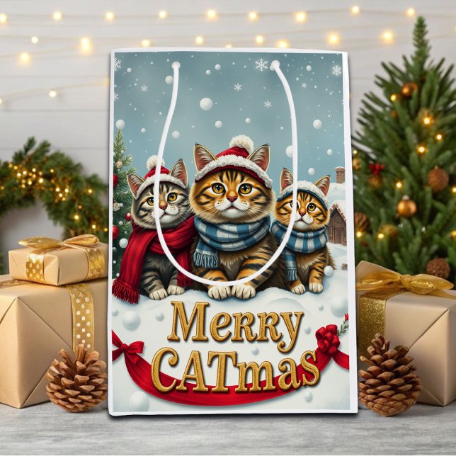 Sacola Para Presentes Média Gatos no Natal de Papoilas e Chapéus (Criador carregado)