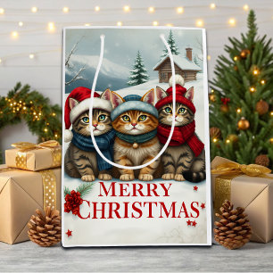 Sacola Para Presentes Média Gatos no Natal de Papoilas e Chapéus
