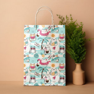 Sacola Para Presentes Média Gatos tropicais de Verão, cor-de-rosa