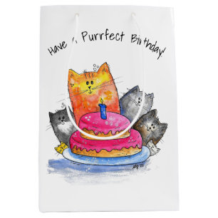 Sacola Para Presentes Média Gatos Whimsso com Bolo de Aniversário