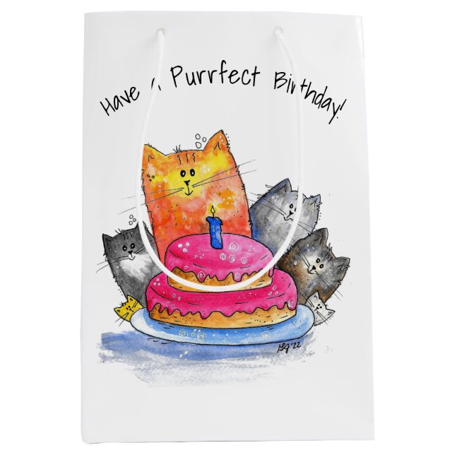 Sacola Para Presentes Média Gatos Whimsso com Bolo de Aniversário (Frente)
