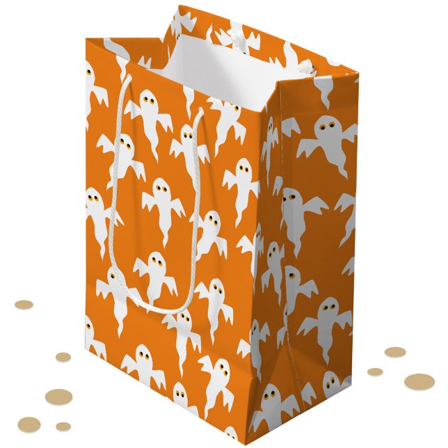 Sacola Para Presentes Média Ghost Halloween Orange (Fun orange ghost halloween gift or trick or treat bag)