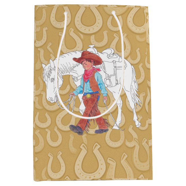 Sacola Para Presentes Média Gift Bag Cowboy e Horse Brown (Frente)