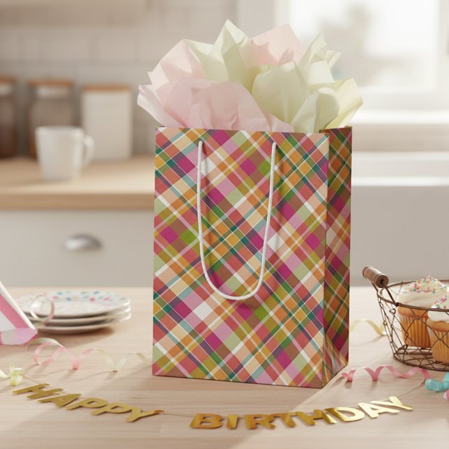 Sacola Para Presentes Média Gingham Branco Verde Cor-de-Rosa chique (Criador carregado)