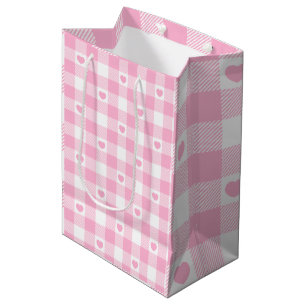 Sacola Para Presentes Média Gingham Rosa Bonito Vichy Com Corações