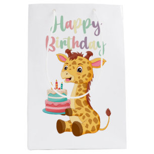 Sacola Para Presentes Média Girafa Fofa Feliz Aniversário Crianças (Personaliz