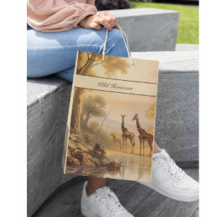 Sacola Para Presentes Média Girafas botânicas vintage, personalizáveis 