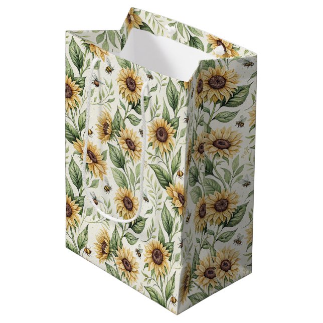 Sacola Para Presentes Média Girassóis e Abelhas Florais (Frente inclinada)