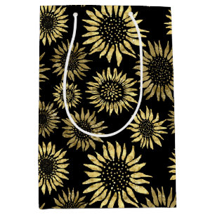Sacola Para Presentes Média Girassol Floral Dourado Preto