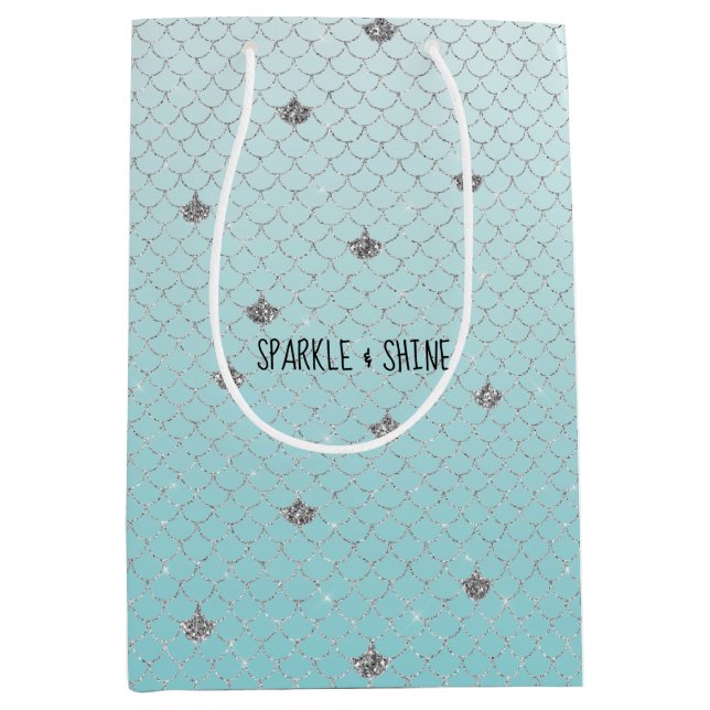 Sacola Para Presentes Média Girly Aqua Silver Glitter Sparkle Mermaid (Frente)