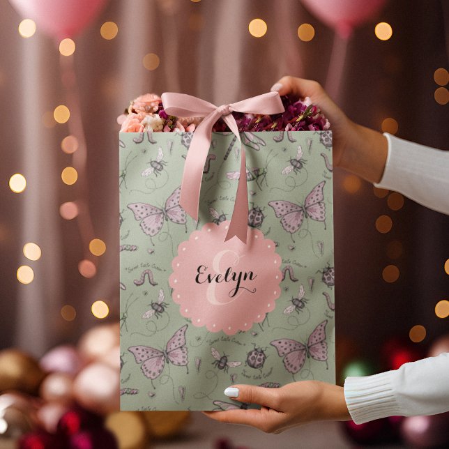 Sacola Para Presentes Média Girly Blush Pink & Sage Sweet Little Critério Name (Custom Name & Monogram hand-drawn girly insects. Ideal for Baby Showers, Birthdays, New Baby, Favors)