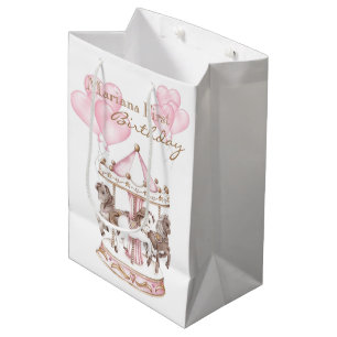 Sacola Para Presentes Média Girly Carousel Pink Unicorn Primeiro Aniversário