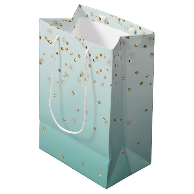 Sacola Para Presentes Média Girly Glam Dourado Sparkle Confetti Mint Ombre (Frente inclinada)