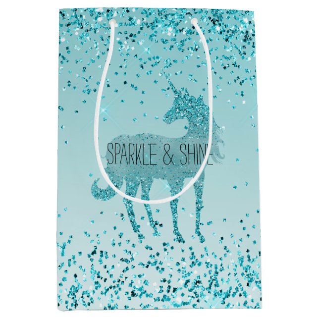 Sacola Para Presentes Média Girly Glitz Aqua Turquoise Glitter Unicorn (Frente)