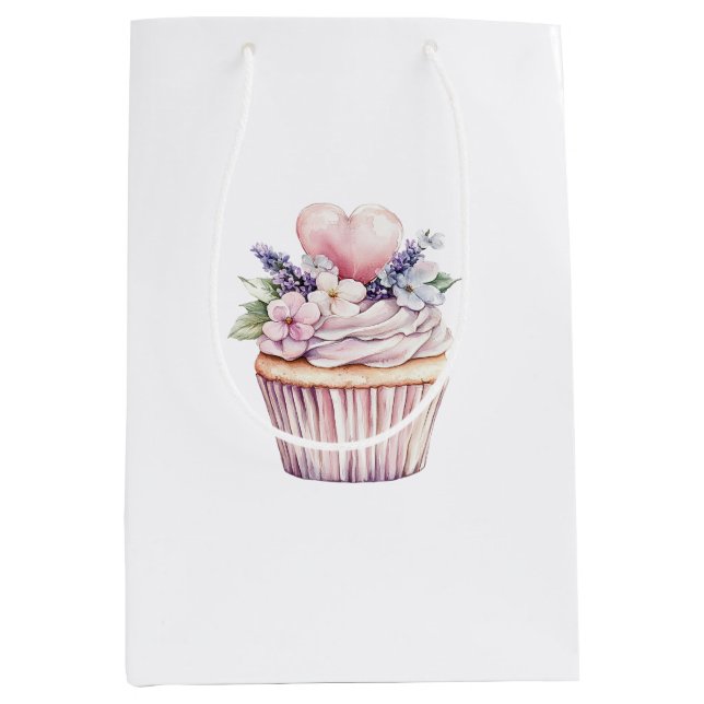 Sacola Para Presentes Média Girly Pink Purple Heart Floral Cupcake Birthday (Frente)