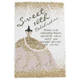 Sacola Para Presentes Média Girly White Ouro Ball Gown Doce 16º aniversário
