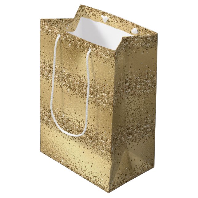 Sacola Para Presentes Média Glam Dourado Luxe Glitzy Sparkle Glitter (Frente inclinada)
