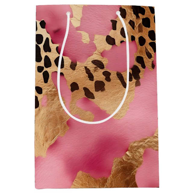 Sacola Para Presentes Média Glam Leopardo Dourado rosa (Frente)
