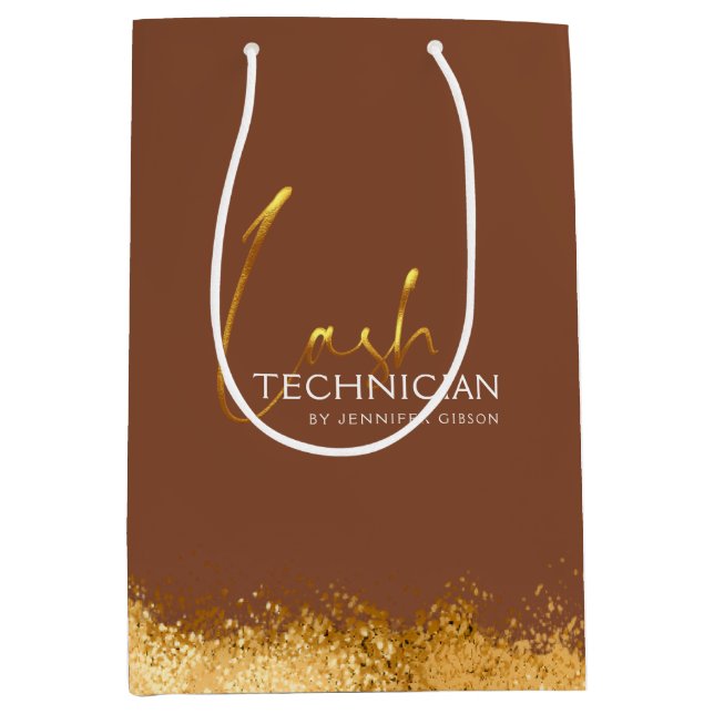 Sacola Para Presentes Média Glamorous Gold & Brown Lash Tech  (Frente)