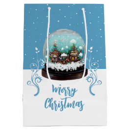 Sacola Para Presentes Média Glass Snowball Winter Village Blue Merry Christmas