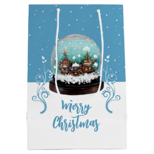 Sacola Para Presentes Média Glass Snowball Winter Village Blue Merry Christmas