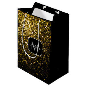 Sacola Para Presentes Média Glitter amarelo-escuro brilha monograma