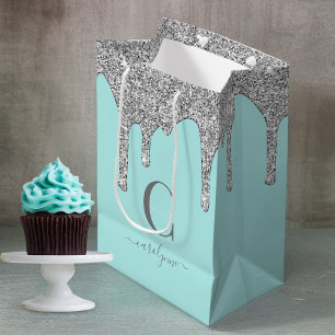 Sacola Para Presentes Média Glitter de Garfo de Prata de Azul Garante Monogram