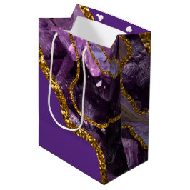 Sacola Para Presentes Média Glitter de Geodo Agato Puro e Dourado