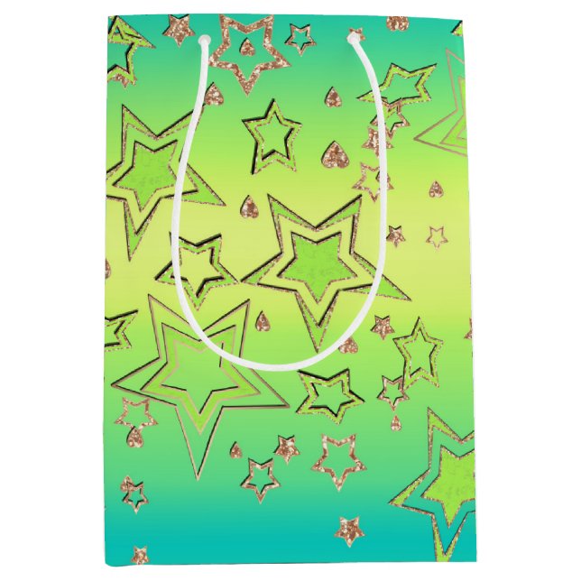 Sacola Para Presentes Média Glitter de gradiente natalício brilhando estrelas  (Frente)