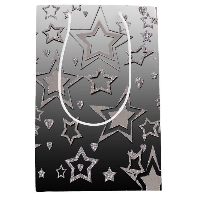 Sacola Para Presentes Média Glitter de gradiente natalício brilhando estrelas  (Frente)