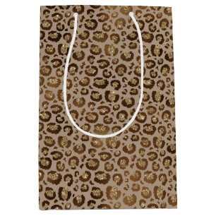 Sacola Para Presentes Média Glitter de Impressão do Animal Leopardo Castanho