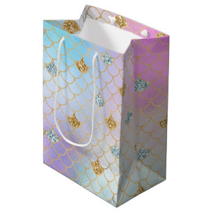 Sacola Para Presentes Média Glitter de Sereia Dourado Rosa Púrpura