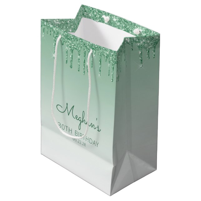 Sacola Para Presentes Média Glitter Drip 30º Aniversário Verde (Frente inclinada)
