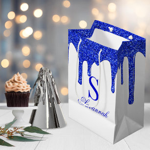 Sacola Para Presentes Média Glitter Real Azul Chic Coloca Monograma