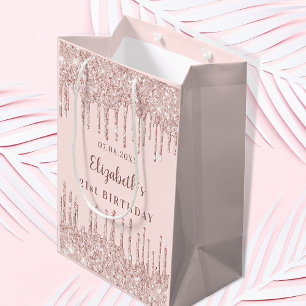 Sacola Para Presentes Média Glitter rosa de aniversário goteja monograma luxo
