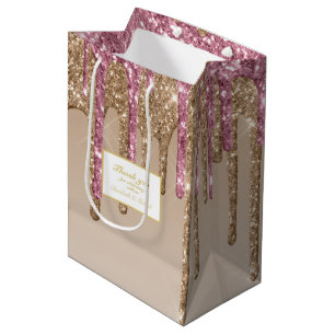 Sacola Para Presentes Média Glitter Rosa Rosa Douradas Garotas Rosa OBRIGADAS