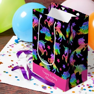 Sacola Para Presentes Média Glitter Unicorn Arco-Íris com Nome Aniversário
