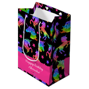 Sacola Para Presentes Média Glitter Unicorn Arco-Íris com Nome Aniversário