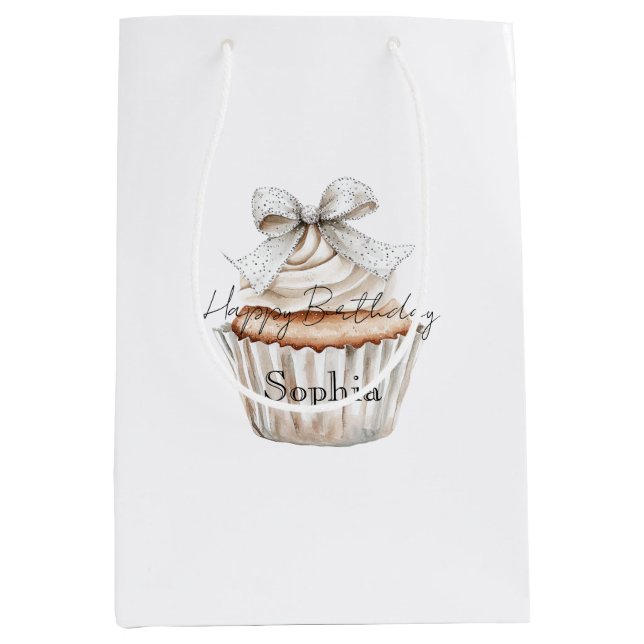 Sacola Para Presentes Média Glitzy Silver White Cupcakes Bow Birthday (Frente)