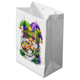 Sacola Para Presentes Média Gnomo do Mardi Gras Comendo Bolo do Rei