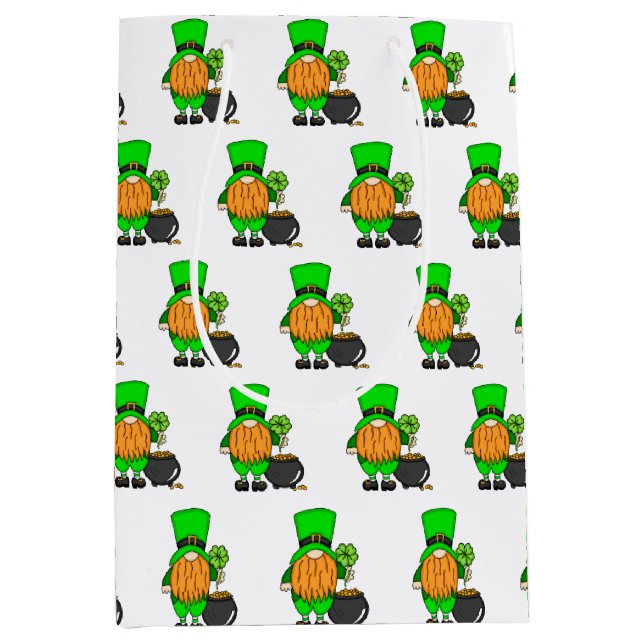 Sacola Para Presentes Média Gnomo Verde Leprechaun com Shamrock (Frente)