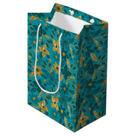 Sacola Para Presentes Média Gold and Teal Blue Christmas Poinsettia Flowers