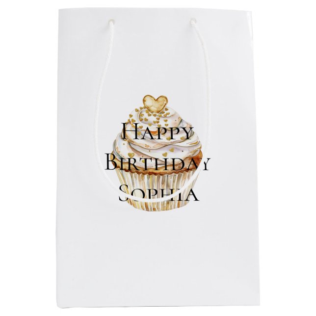 Sacola Para Presentes Média Gold Hearts Cupcake Birthday (Frente)